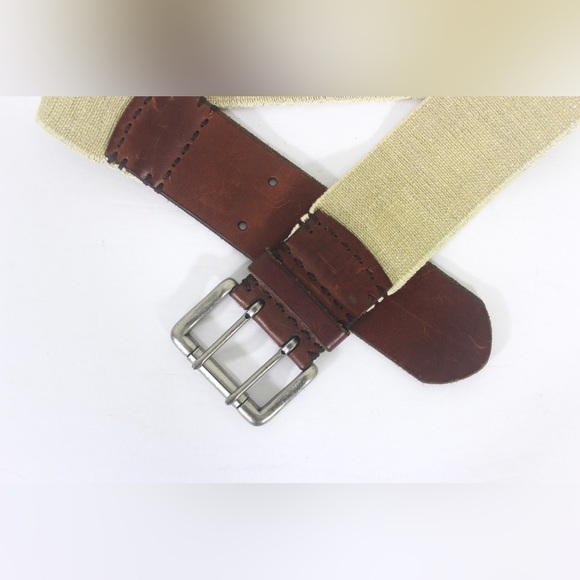 Wide Sparkly Beige Stretch Belt with Cognac Brown Leather Ends and Silver Buckle - Picture 2 of 8
